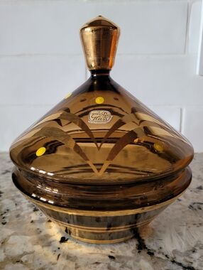 VTG Bohemia Glass, Czech Republic, Amber/Gold, Lidded Candy Dish, MCM